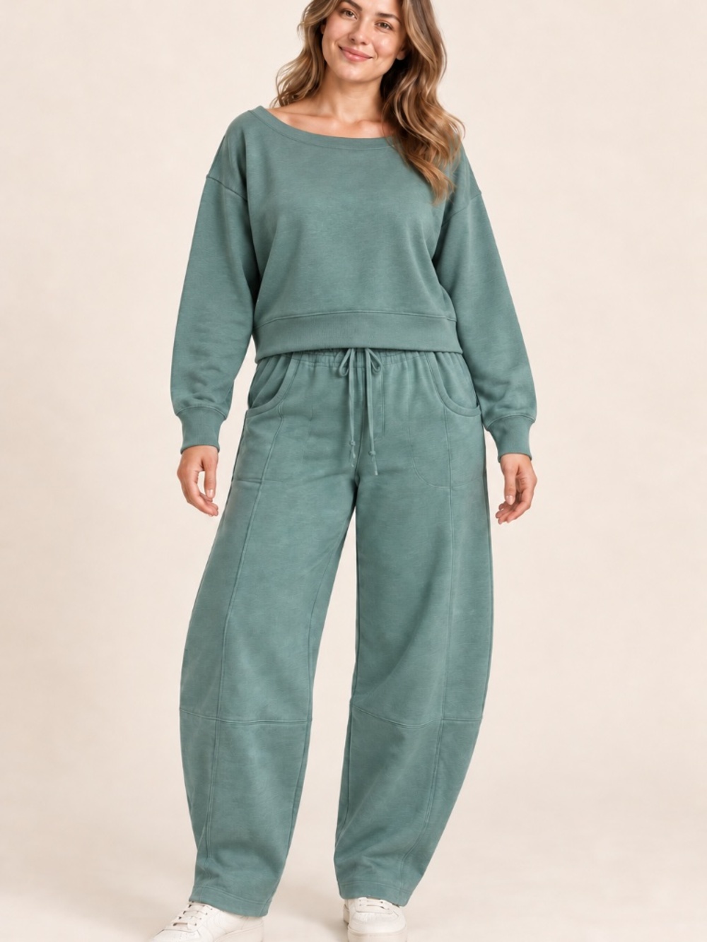 Zenana Ash Jade Boat Neck Top & Barrel Pants Curated Set